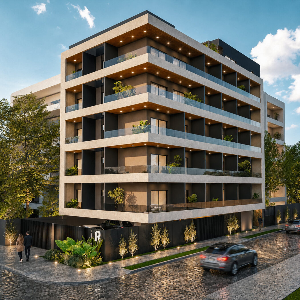 Edifício de esquina com fachada iluminada