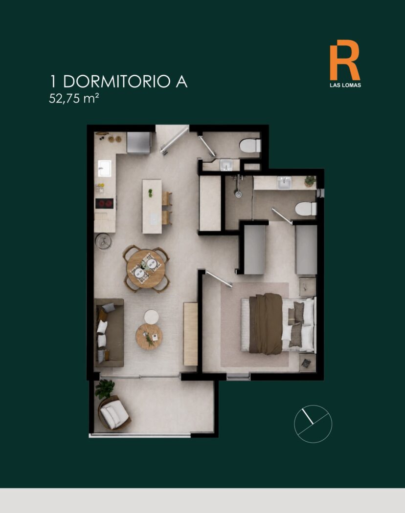 Planta 1 dormitório A · 52,75 m²