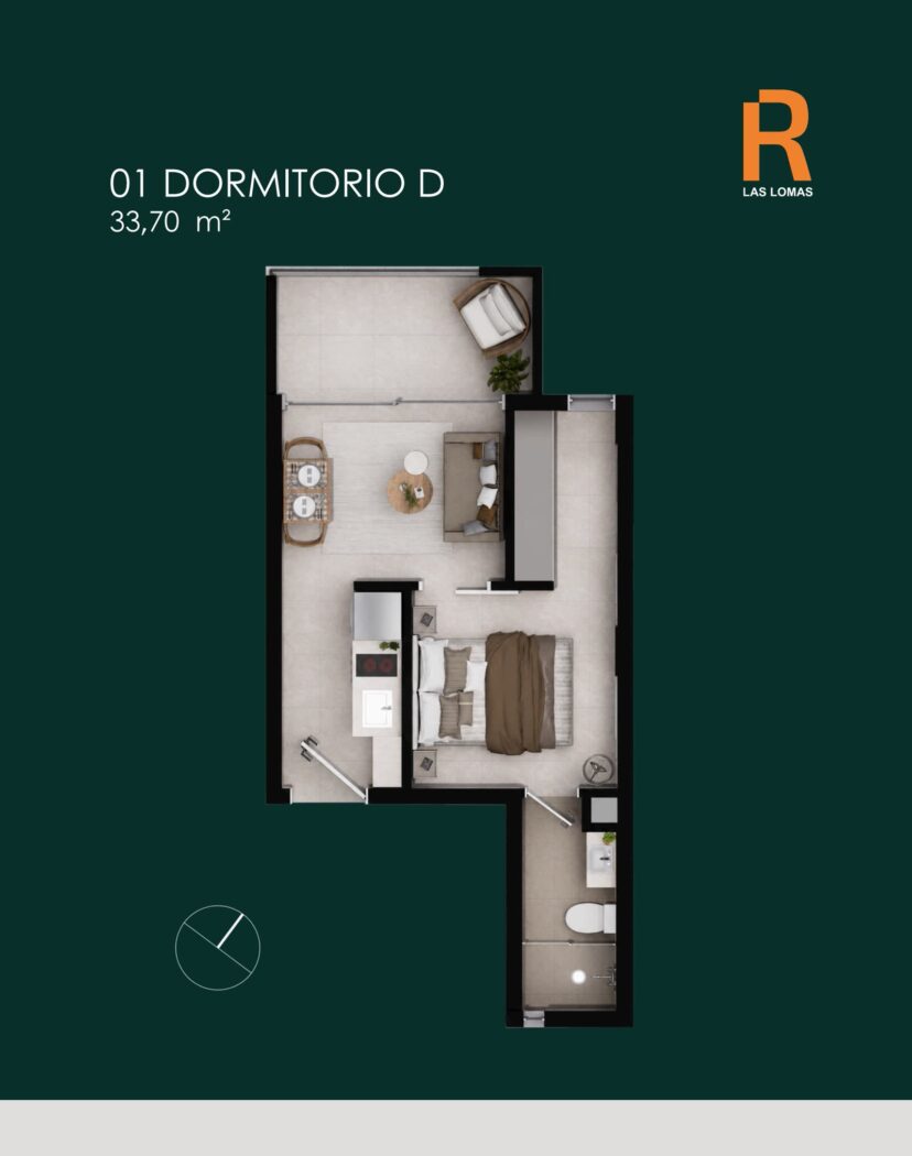 Planta 1 dormitório D · 33,70 m²