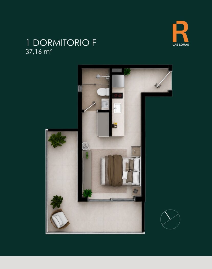 Planta 1 dormitório F · 37,16 m²