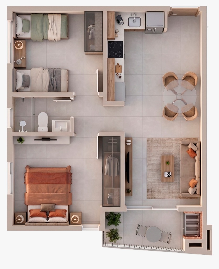 Furnished floor plan of a 2-bedroom apartment