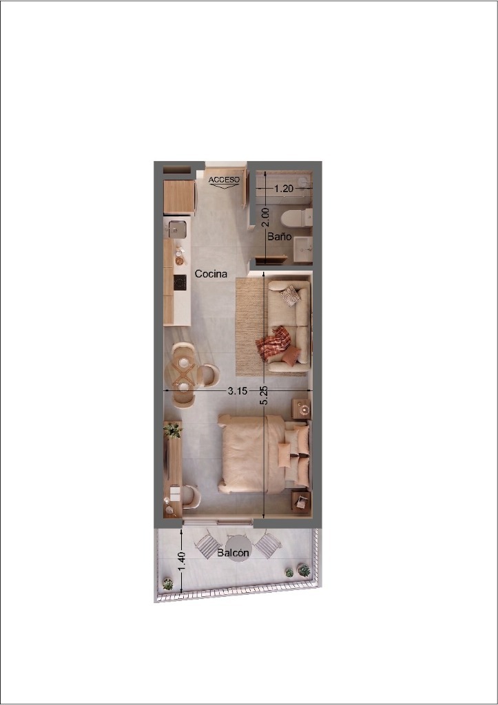 Studio floor plan with balcony and dimensions