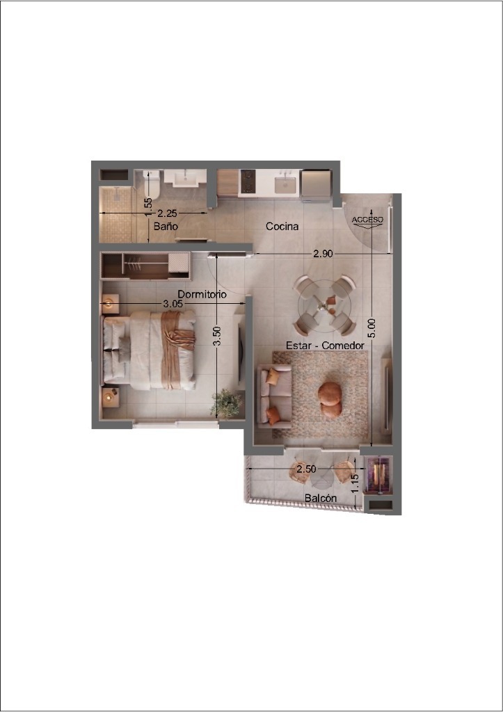 1-bedroom floor plan with dimensions