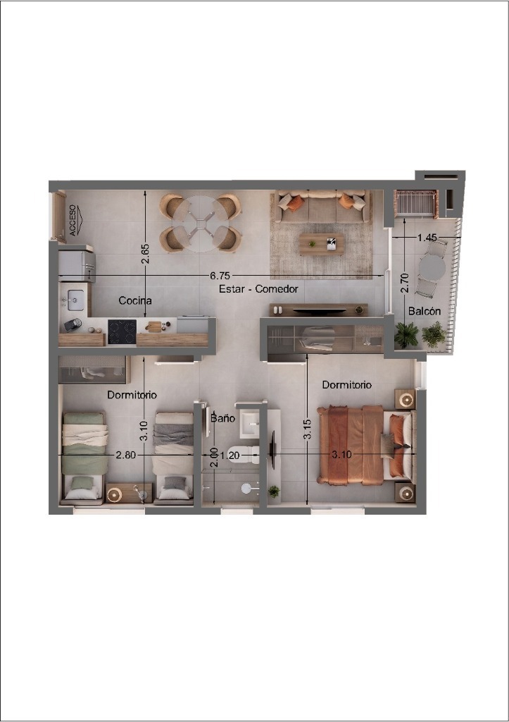 2-bedroom floor plan with dimensions