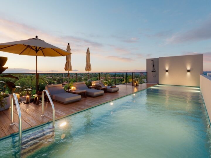 Rooftop pool at sunset, render