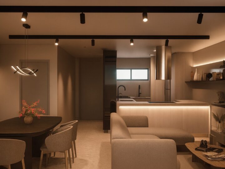 Kitchen open to the living room, render