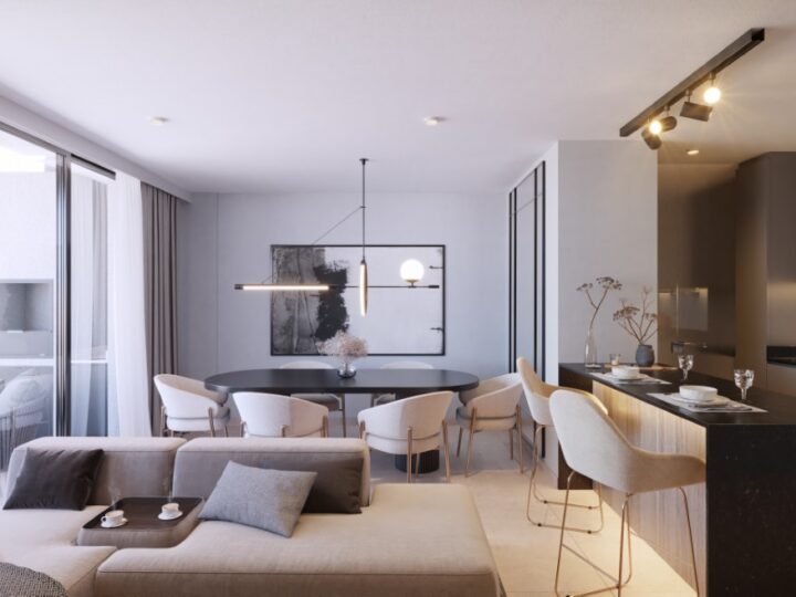 Apartment living and dining room, render