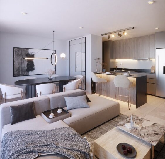 Apartment living and dining room, render