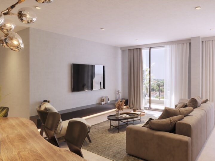 Apartment living and dining room, render